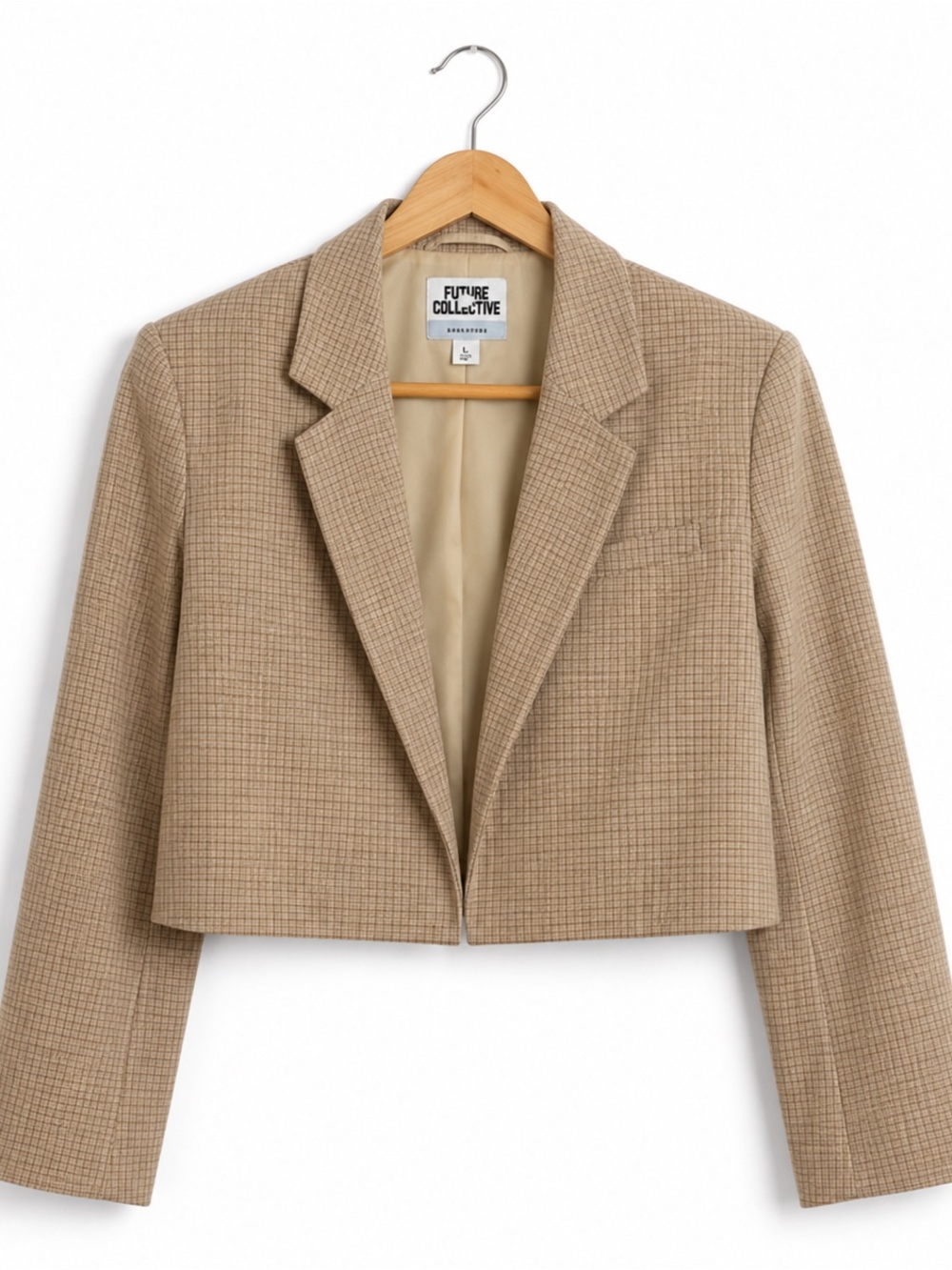 Future Collective Cropped Blazer Beige Tailored Suit Jacket Chic Office Size L